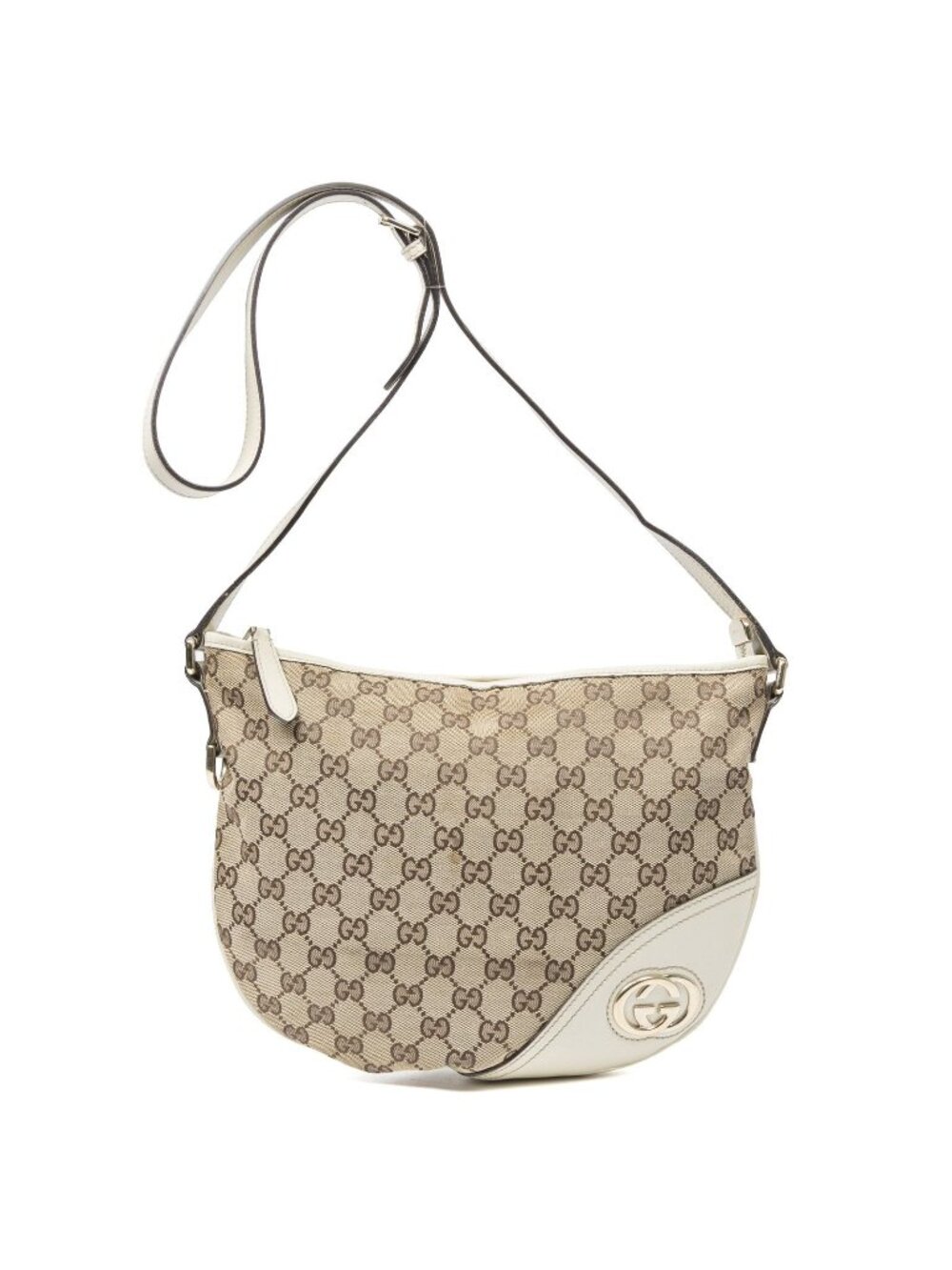 Gucci Medium New Britt Half Moon Crossbody Beige White GG Canvas